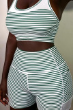 Green Casual Sportswear Striped Print Patchwork Backless U Neck Two Pieces