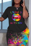 Black Red Rainbow Color Print Round Neck T-shirts Shorts Two Piece Sets Sporty Wear