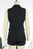 Black Casual Solid Patchwork Buttons Turn-back Collar Sleeveless Two Pieces