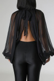 Black Sexy Solid Patchwork See-through Asymmetrical Half A Turtleneck Tops