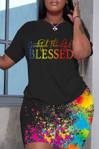Black Rainbow Color Print Round Neck T-shirts Shorts Two Piece Sets Sporty Wear