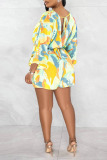 Yellow Sexy Print Patchwork With Belt V Neck Loose Rompers(With A Belt)