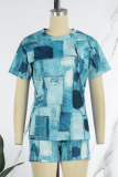 Deep Blue Casual Print Patchwork O Neck Short Sleeve Two Pieces