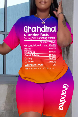 Fuchsia Gradual Change Letter Print Basic O Neck Short Sleeve Two Pieces