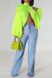 Fluorescent Green Sexy Solid Patchwork See-through Asymmetrical Half A Turtleneck Tops
