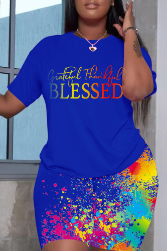 Blue Rainbow Color Print Round Neck T-shirts Shorts Two Piece Sets Sporty Wear