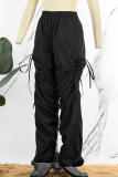 Black Casual Solid Patchwork Draw String Fold High Waist Pencil Solid Color Bottoms