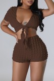 Coffee Sexy Casual Solid Bandage V Neck Short Sleeve Two Pieces