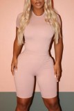 Pink Casual Solid Basic O Neck Short Sleeve Two Pieces