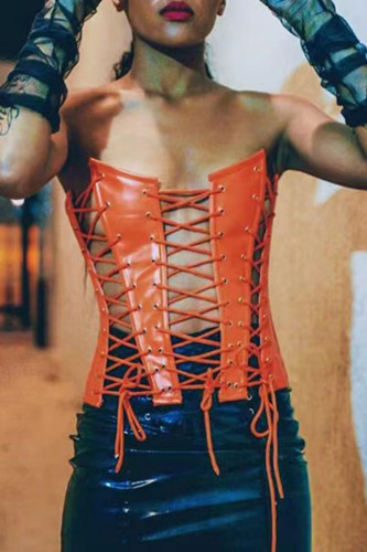 Orange Sexy Solid Bandage Hollowed Out Patchwork Asymmetrical Tops