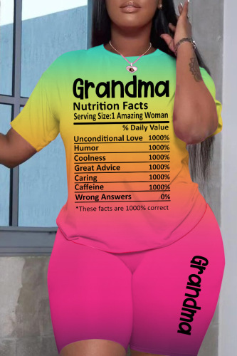 Orange Yellow Gradual Change Letter Print Basic O Neck Short Sleeve Two Pieces
