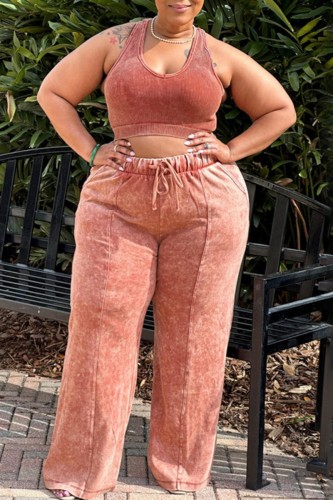 Orange Casual Solid Vests Pants O Neck Plus Size Two Pieces