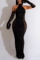 Black Sexy Solid Patchwork Fold Halter Pencil Skirt Dresses(Including The Sleeve)