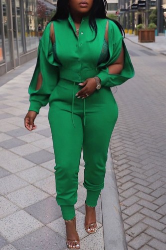 Green Casual Solid Hollowed Out Long Sleeve Two Pieces