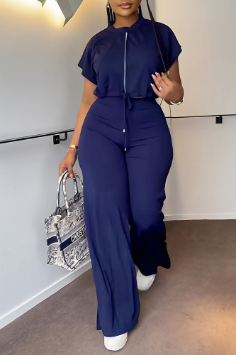 Blue Casual Solid Bandage Patchwork Zipper O Neck Short Sleeve Two Pieces
