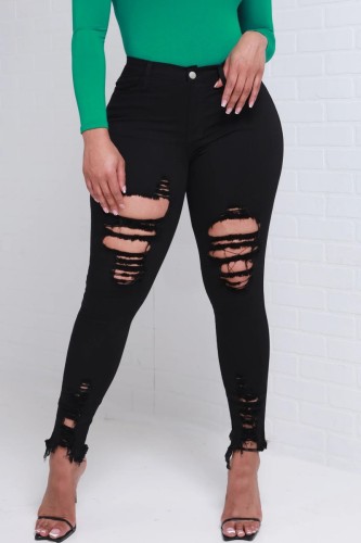 Black Casual Solid Ripped High Waist Skinny Denim Jeans