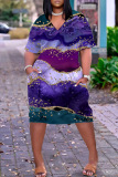 Purple Casual Print Basic V Neck Short Sleeve Dress Dresses