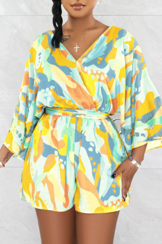 Yellow Sexy Print Patchwork With Belt V Neck Loose Rompers(With A Belt)