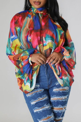 Multi-color Sexy Print Patchwork Asymmetrical O Neck Tops