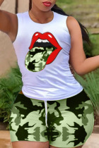 Army Green Casual Print Patchwork O Neck Sleeveless Two Pieces