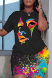 Black Rainbow Color Print Round Neck T-shirts Shorts Two Piece Sets Sporty Wear