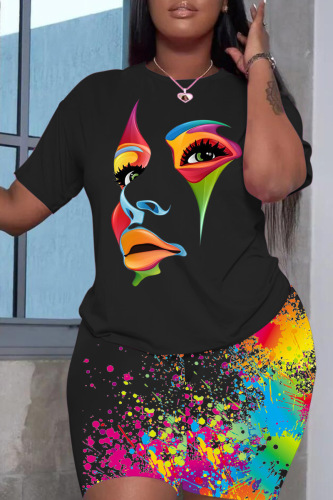 Black Green Rainbow Color Print Round Neck T-shirts Shorts Two Piece Sets Sporty Wear