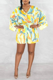 Blue Sexy Print Patchwork With Belt V Neck Loose Rompers(With A Belt)