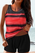 Red Casual Striped Print Patchwork Swimwears (With Paddings)