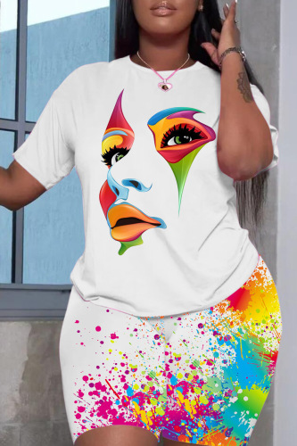 White Green Rainbow Color Print Round Neck T-shirts Shorts Two Piece Sets Sporty Wear