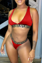 Red Sexy Print Solid Patchwork Backless Swimwears (Without Paddings)