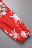 Red Casual Print Basic V Neck Long Sleeve Dresses