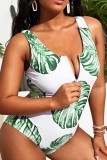 White Green Sexy Print Patchwork Backless Zipper U Neck Plus Size Swimwear (With Paddings)