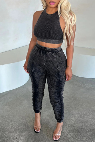 Black Casual Sportswear Solid Patchwork Fold O Neck Sleeveless Two Pieces