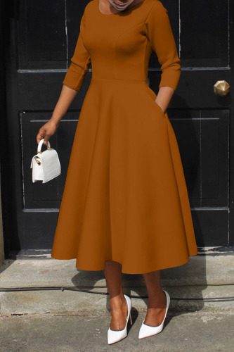 Coffee Casual Elegant Solid Patchwork O Neck A Line Dresses