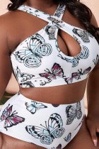 White Sexy Butterfly Print Hollowed Out Backless Halter Plus Size Swimwear (With Paddings)
