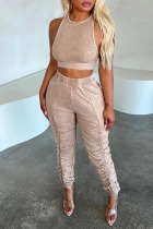 Light Coffee Casual Sportswear Solid Patchwork Fold O Neck Sleeveless Two Pieces