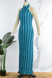 Green Sexy Striped Backless Halter Long Dress Dresses