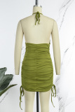 Light Green Sexy Solid Draw String Fold O Neck Sleeveless Dress Dresses