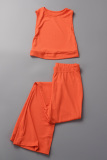 Orange Casual Solid Basic O Neck Sleeveless Two Pieces
