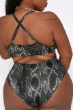 Black Sexy Print Backless U Neck Plus Size Swimwear (With Paddings)