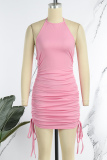 Pink Sexy Solid Draw String Fold O Neck Sleeveless Dress Dresses