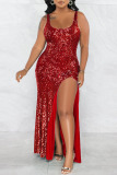 Red Sexy Solid Sequins Patchwork Slit U Neck Vest Dress Dresses