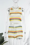 White Casual Patchwork Contrast O Neck Sleeveless Two Pieces