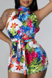 Green Sexy Vacation Floral Frenulum Backless Half A Turtleneck Regular Rompers(With Belt)