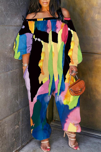 Multicolor Casual Print Patchwork Off the Shoulder Regular Jumpsuits