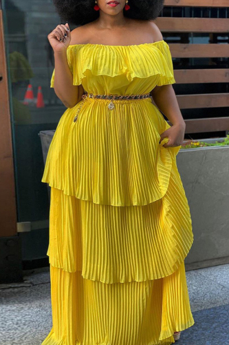 Yellow Casual Solid Patchwork Off the Shoulder Pleated Dresses (Without Belt)