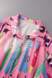 Pink Casual Print Patchwork Turndown Collar Shirt Dress Dresses (Without Belt)