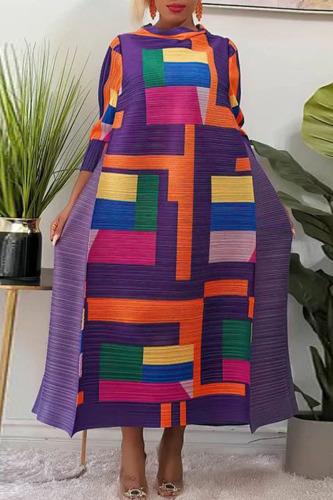 Purple Street Geometric Print Patchwork O Neck Long Dress Dresses(The Front Piece Is Shorter)