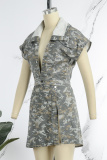Grey Sexy Casual Camouflage Print Patchwork Slit Turndown Collar Two Pieces