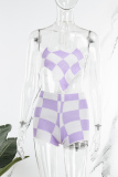 Purple Sexy Plaid Patchwork Backless Asymmetrical Contrast Spaghetti Strap Sleeveless Two Pieces